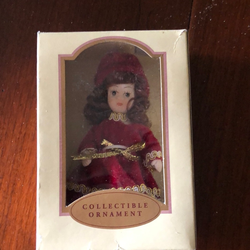NIB  Porcelain Doll 4 inch  Collectible Ornament Red velvety dress and hat